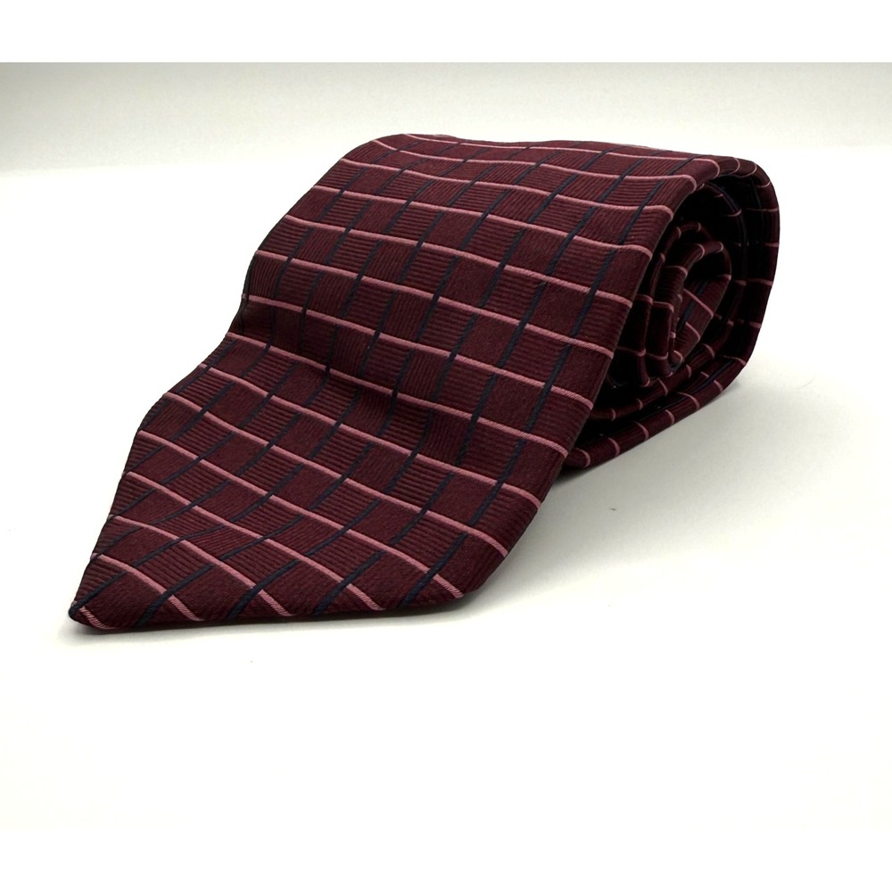 Brooks Brothers Silk Tie Mens Burgundy Geometric‎ Check Woven Made In USA